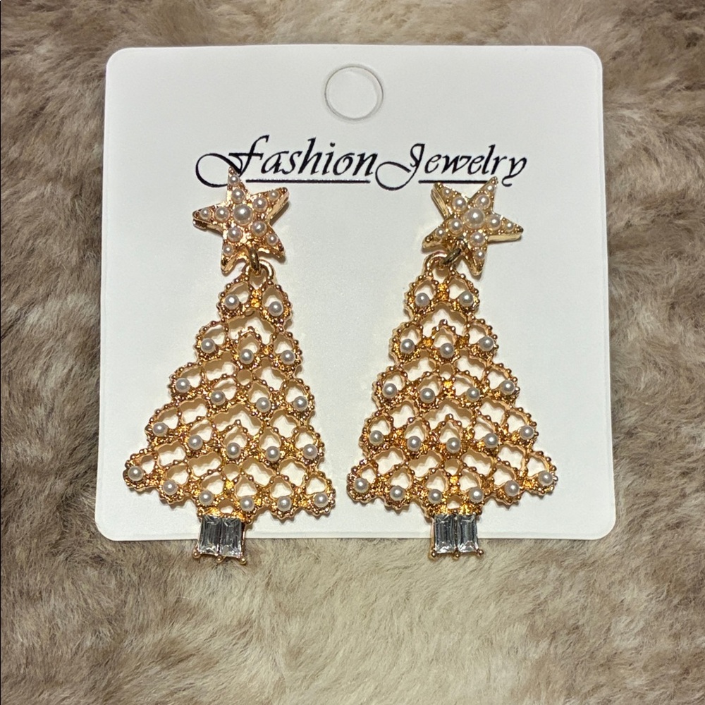 Gold and Pearl Christmas Tree Earrings